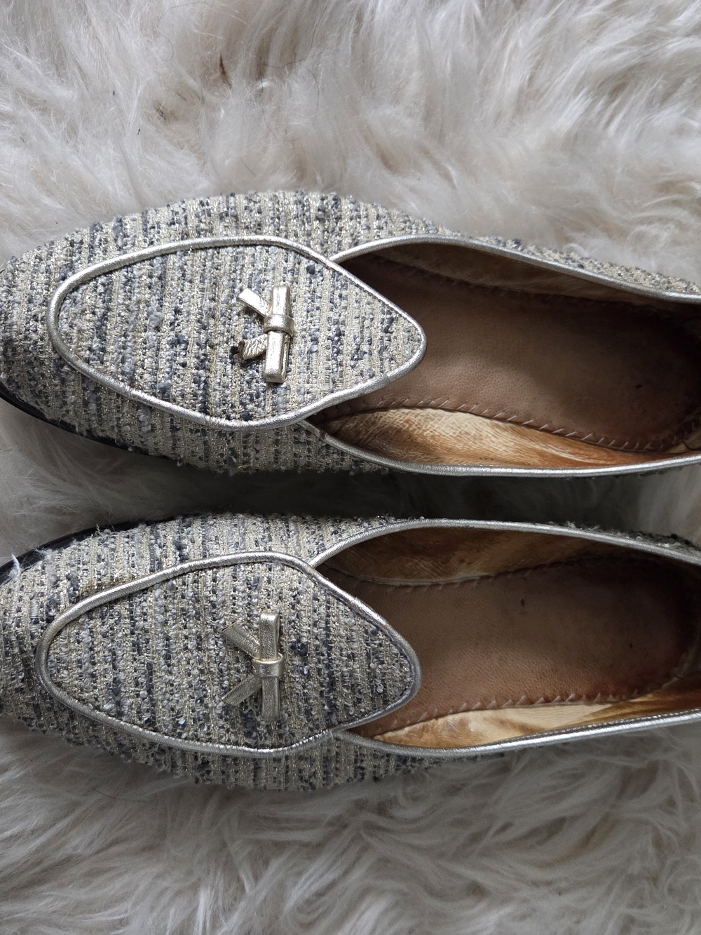 Belgian Shoes Midinette Silver Tweed Loafers 8W Fits US Women’s 9.5